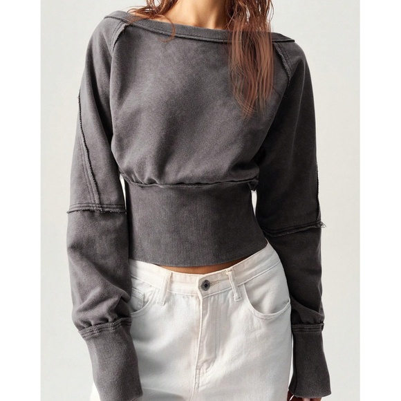Cozy Wide Scoop Neck Reverse Stitch Cropped Sweatshirt